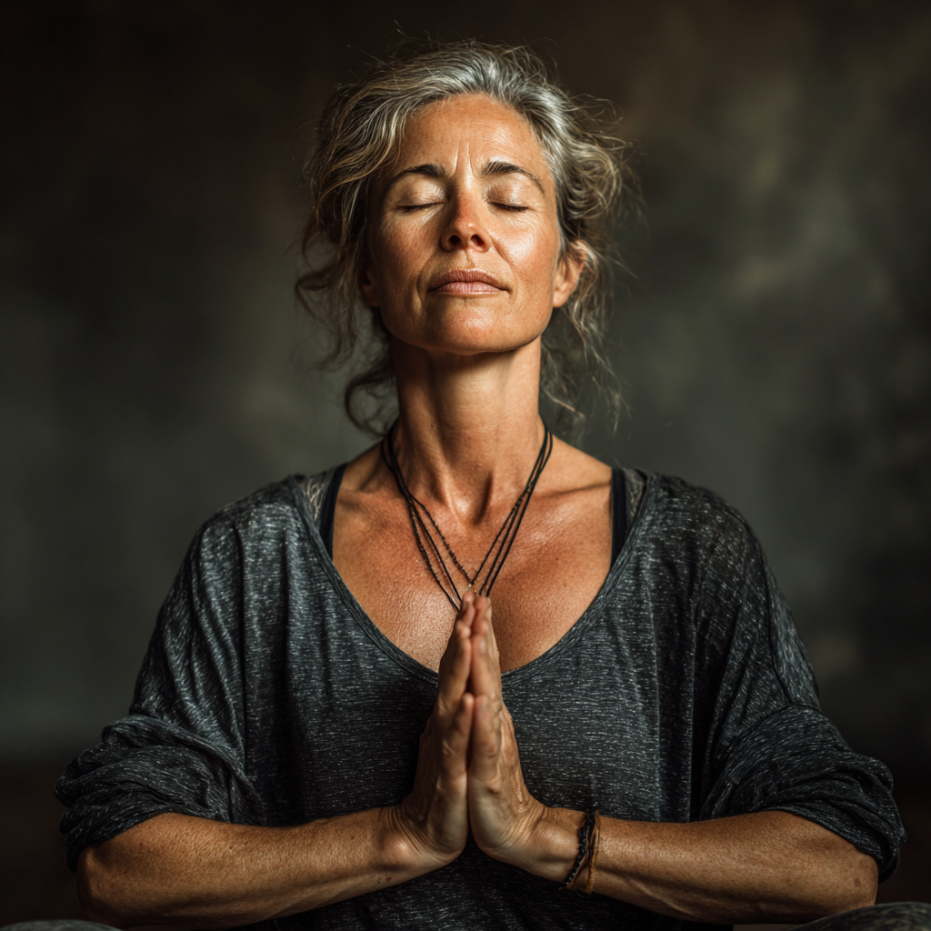 Professional yoga instructor in her 40s demonstrating a peaceful meditation pose in a modern studio with natural lighting, wearing comfortable yoga attire, showing serene expression and proper posture